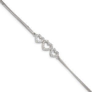 925 Sterling Silver Three Linked CZ Open Hearts 7" Bracelet 1" Ext, 7 Length